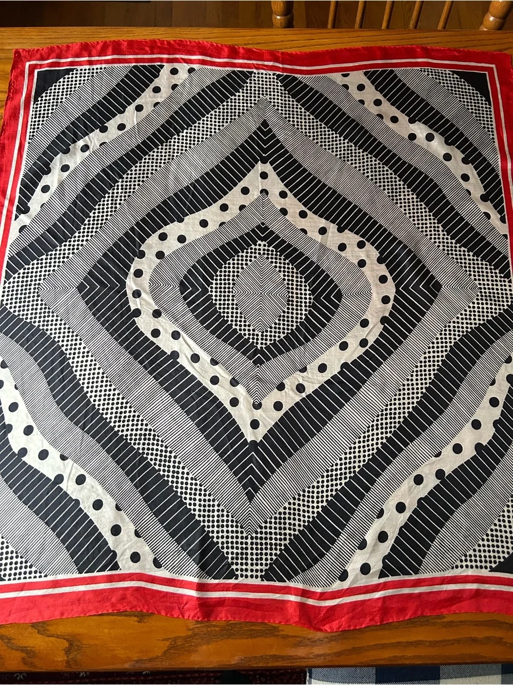 100% Silk Geometric Scarf in Black, White & Red